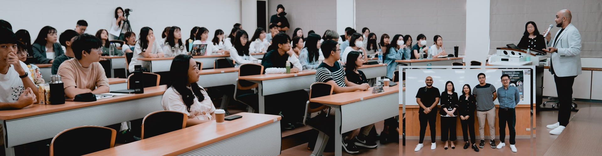 2023年10月25日全球趨勢論壇專題演講現場講者與應英系師生與會合影照片