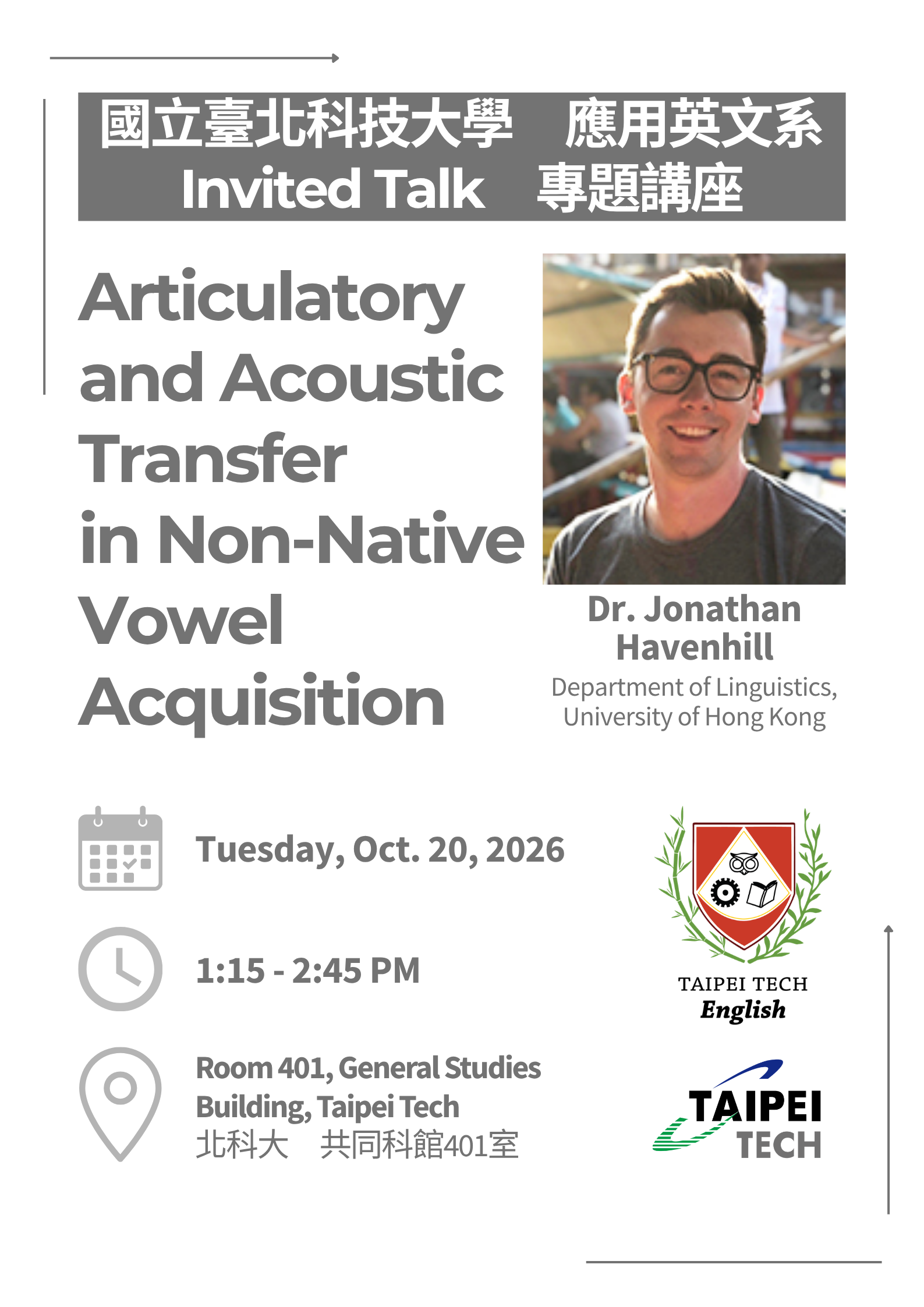 國立臺北科技大學應用英文系專題講座海報：Articulatory and Acoustic Transfer in Non-Native Vowel Acquisition，主講人為香港大學 Jonathan Havenhill 博士。